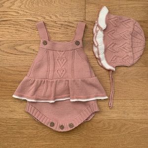 Pink Valentine sweater romper with matching bonnet
